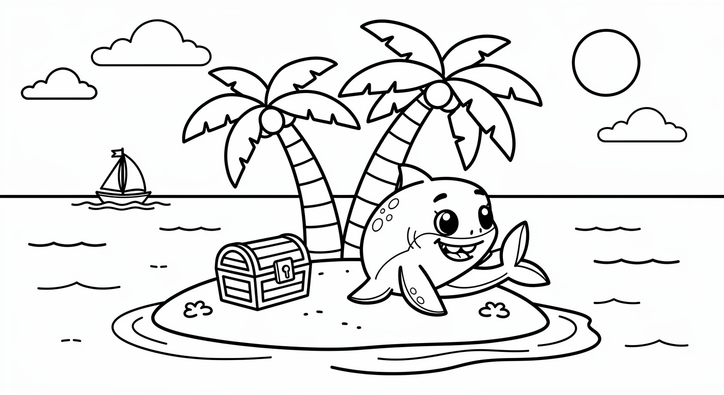 Island coloring page for kids, free printable PDF with palm trees and beach landscape