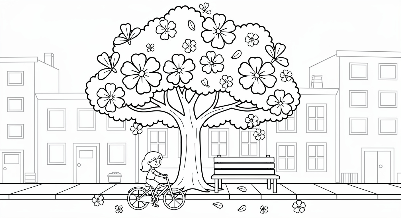 Jacaranda tree avenue coloring page for kids, free printable drawing for toddlers