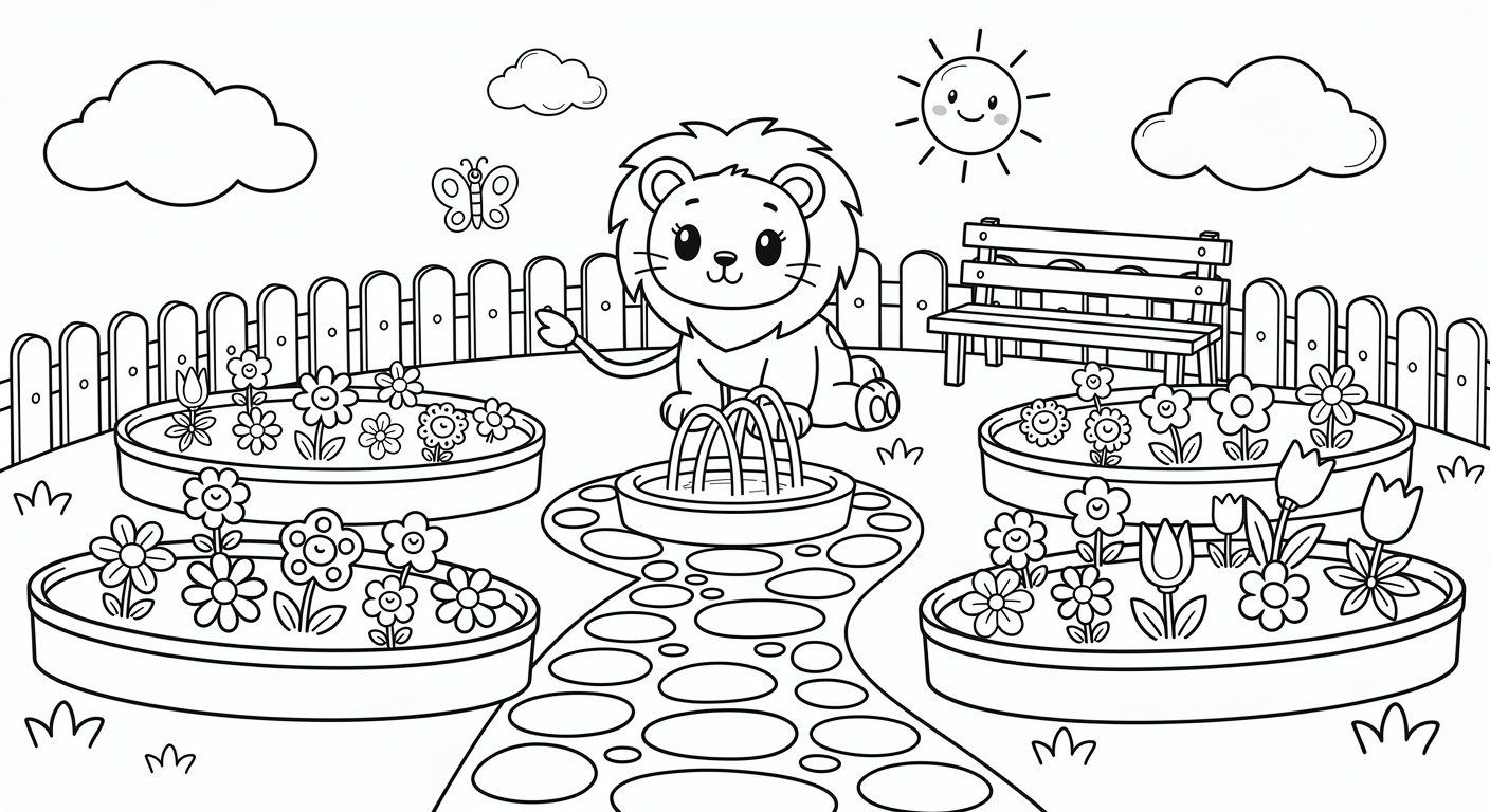 Garden coloring page for kids, free printable PDF with flowers and plants for toddlers