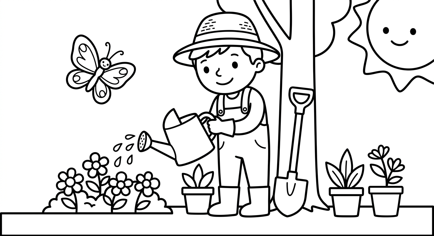 Gardener coloring page for kids, free printable drawing for toddlers ages 2-5
