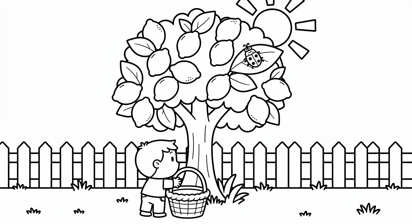Lemon tree coloring page in a garden scene, free printable drawing for toddlers and kids