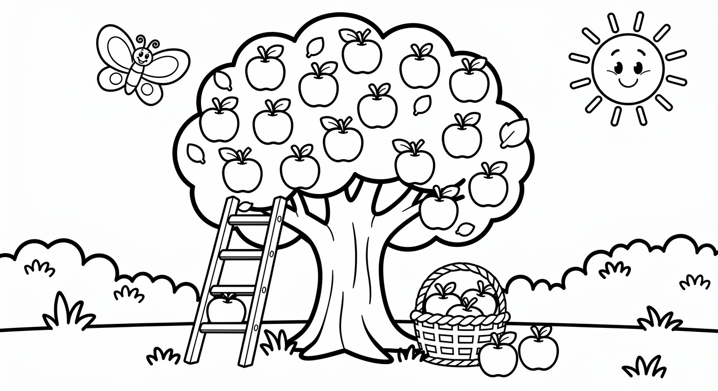 Apple tree orchard coloring page for kids, free printable drawing for toddlers
