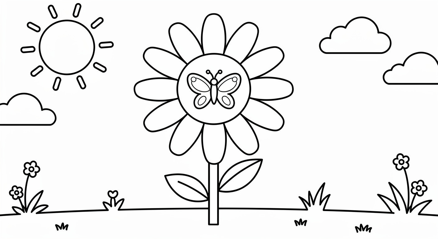 Daisy with butterfly coloring page for kids, free printable drawing for toddlers