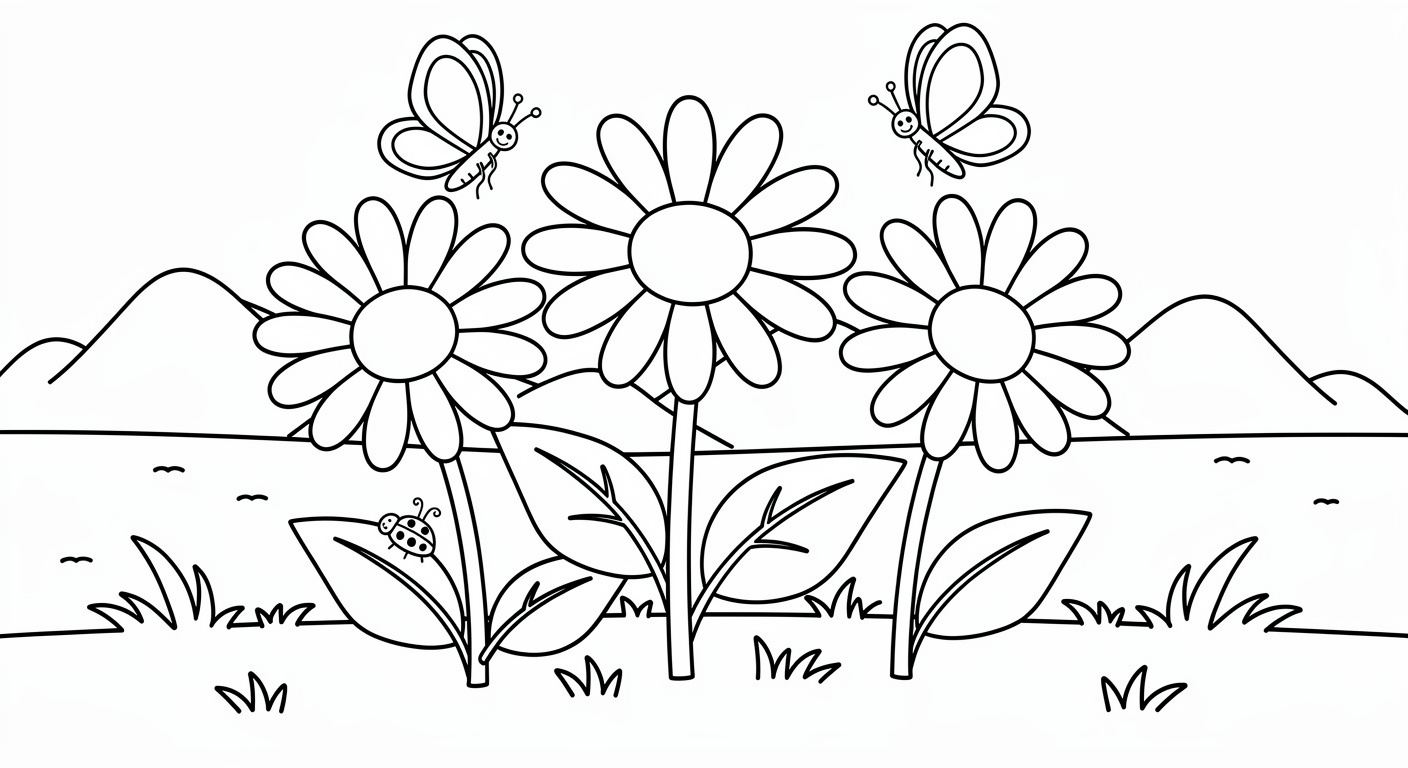 Daisy field coloring page for kids, free printable drawing for toddlers and preschoolers
