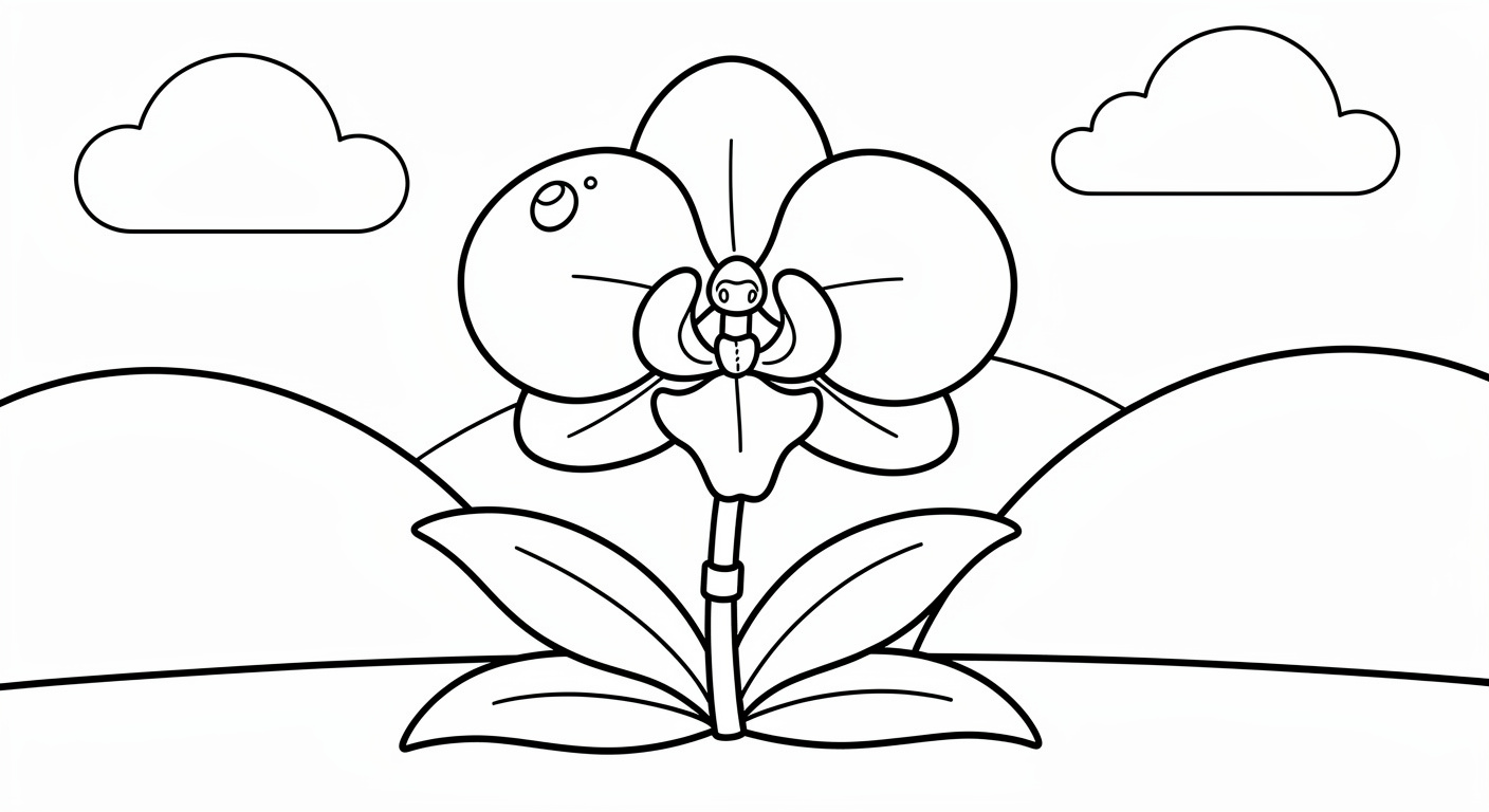 White orchid coloring page for kids, free printable flower drawing for toddlers