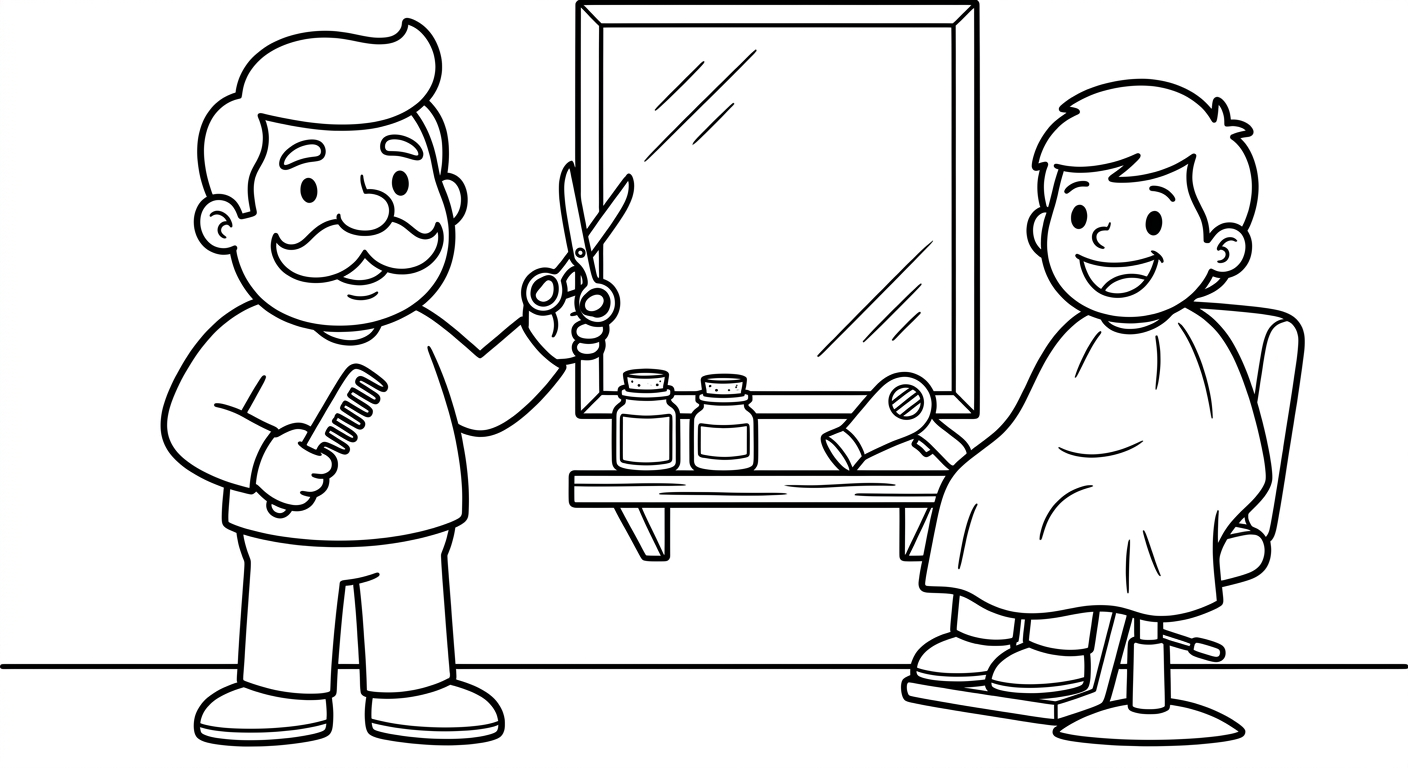 Barber coloring page for kids, free printable PDF activity for toddlers ages 2-5