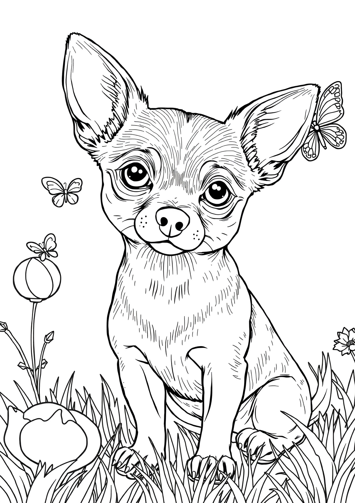 Dibujo de perro chihuahua para colorear gratis, imprimible en PDF para niños de 5 a 8 años