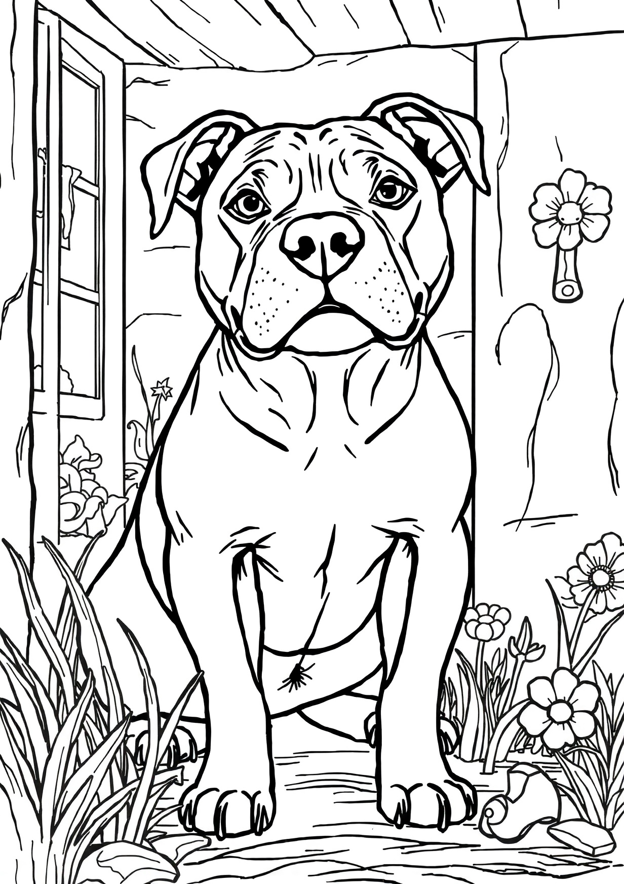 Dibujo de perro pitbull para colorear gratis, imprimible en PDF para niños de 5 a 8 años
