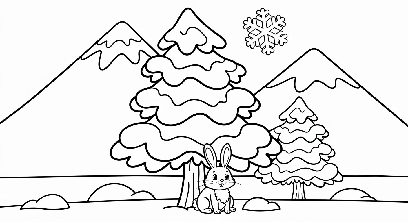 Pine tree on snowy mountain Coloring Page