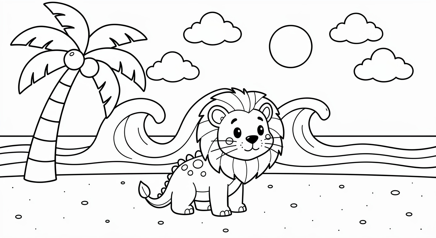 Beach coloring page for kids ages 2-5, free printable PDF with sand, ocean, and umbrella design