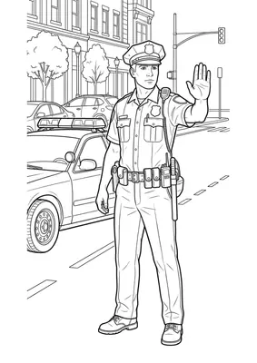 Police officer coloring page — printable profession flashcard