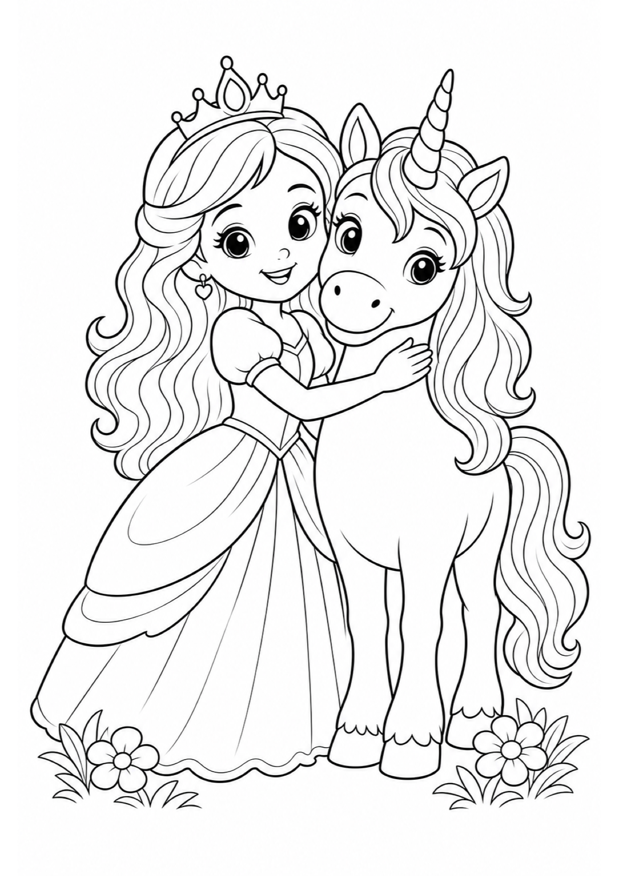 Dibujo de Princesa con Unicornio para Colorear e Imprimir