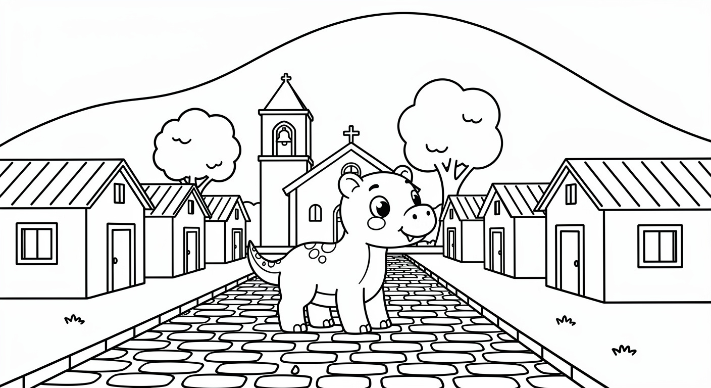 Free pueblo coloring page printable for kids, simple village drawing with houses and landscape