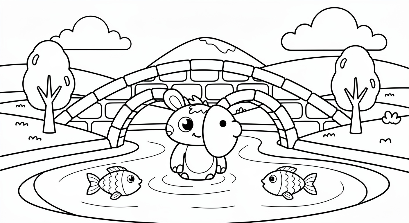 Bridge coloring page for kids, free printable drawing with simple landscape scenery for toddlers