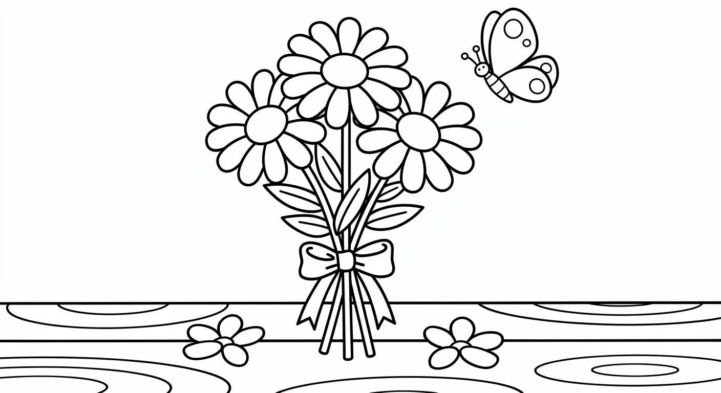 Daisy bouquet coloring page for kids, free printable drawing for toddlers and preschoolers