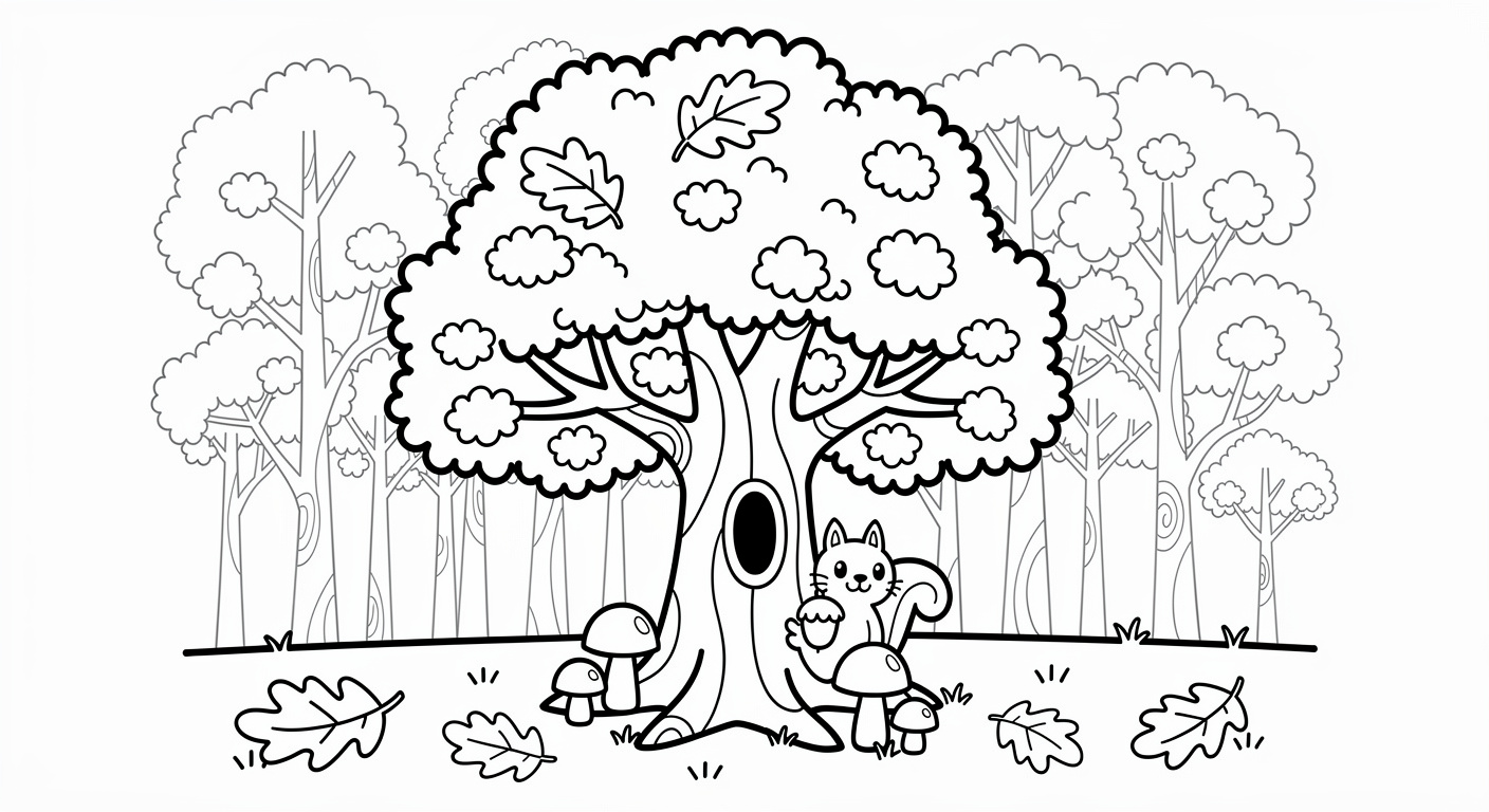 Oak tree forest coloring page for kids, free printable drawing for toddlers