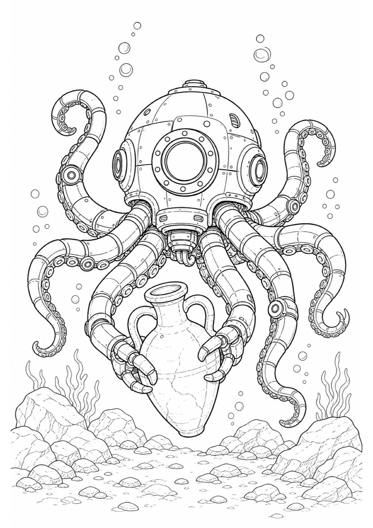 Octopus Robot Coloring Page to Print Free
