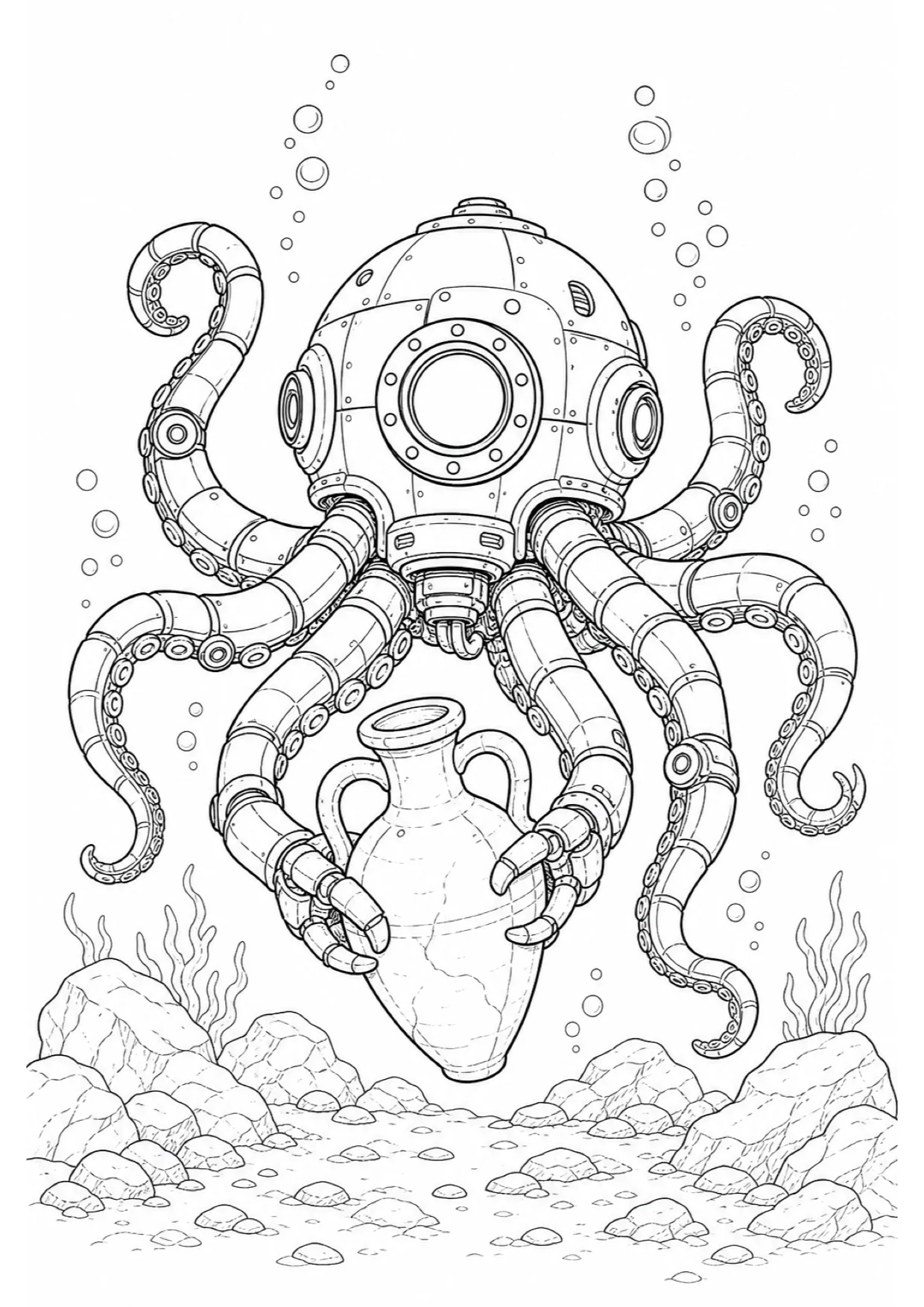 Octopus Robot Coloring Page to Print Free