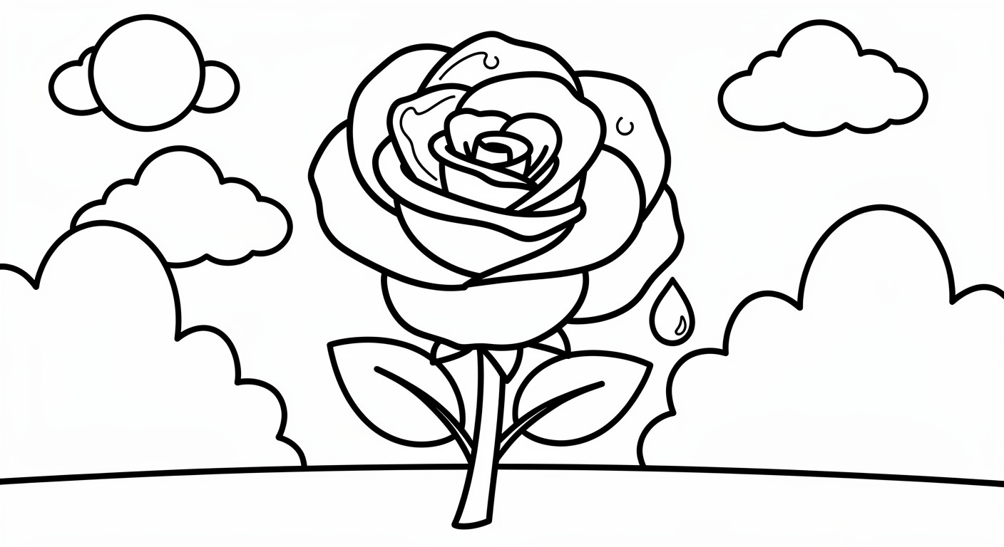 Open white rose coloring page for kids, free printable drawing for toddlers and preschoolers