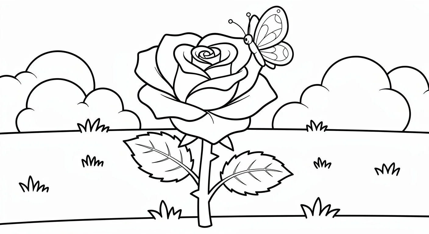 Rose with butterfly Coloring Page