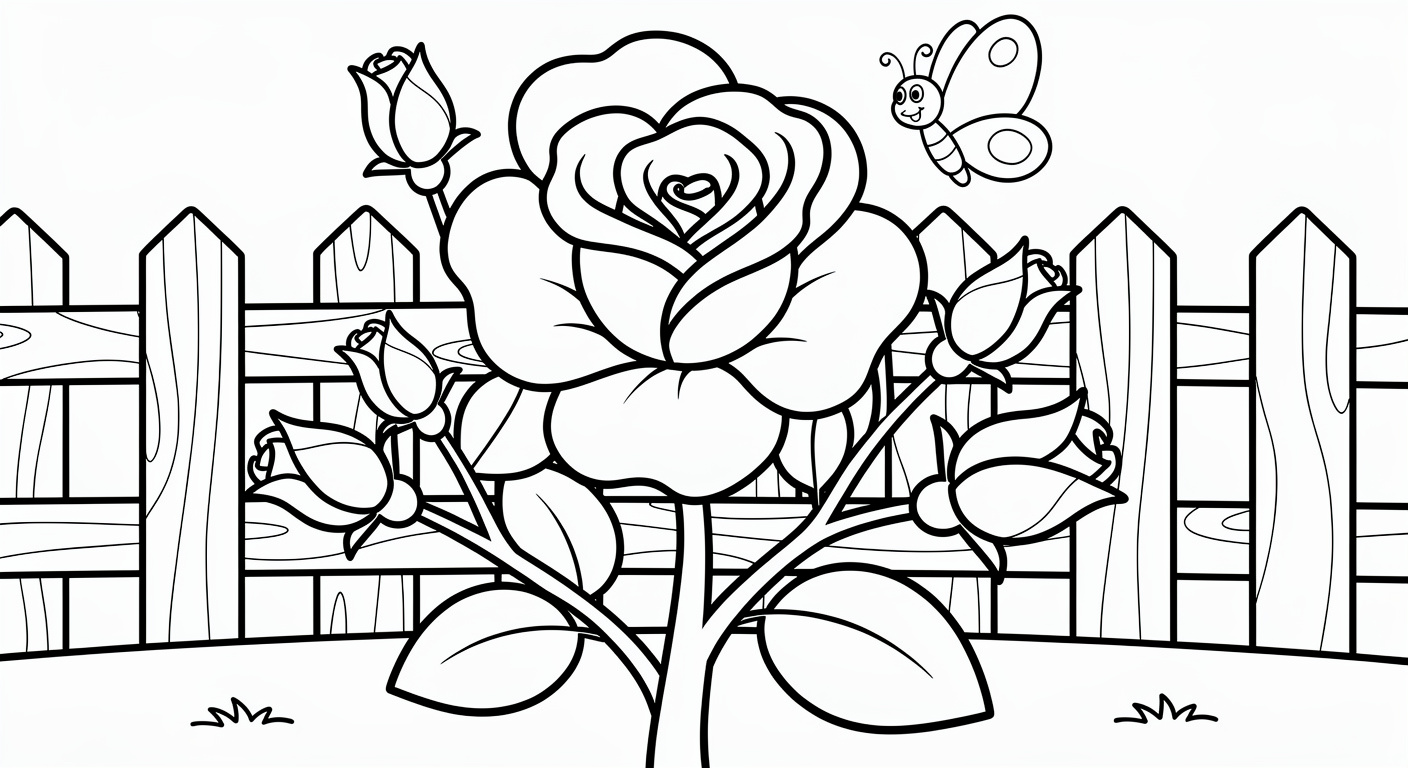 Rose flower coloring page for kids, free printable garden scene drawing for toddlers