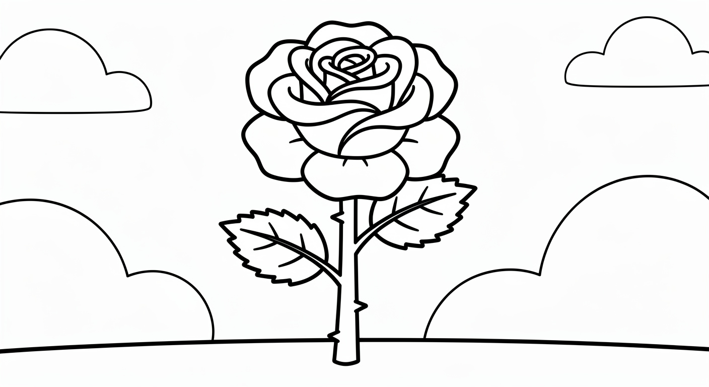 Red rose with stem coloring page for kids, free printable PDF for toddlers and preschoolers