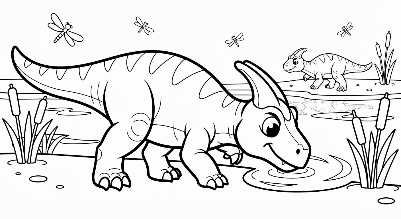 Saurolophus coloring page in a lake scene, free printable dinosaur drawing for kids