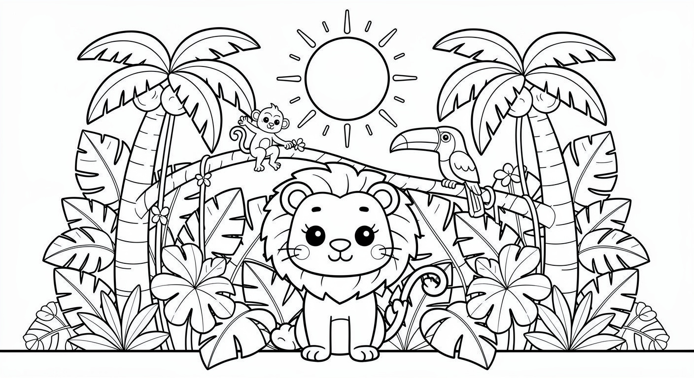 Jungle coloring page for kids ages 2-5, free printable drawing with trees and wildlife