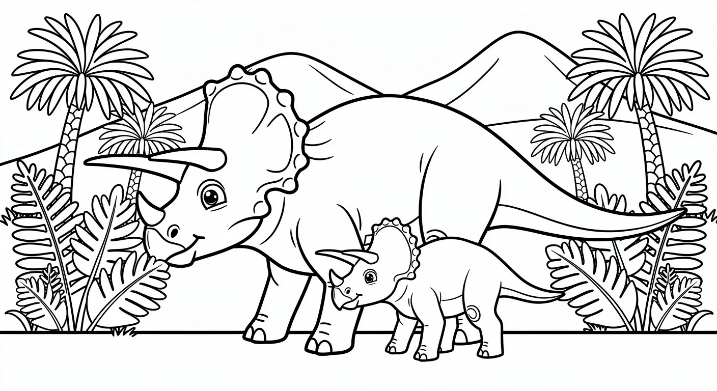 Triceratops in meadow with ferns Coloring Page