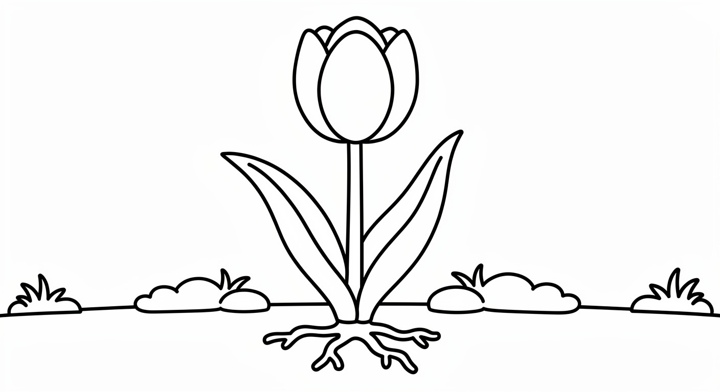 Tulip with leaves coloring page for kids, free printable PDF activity for toddlers