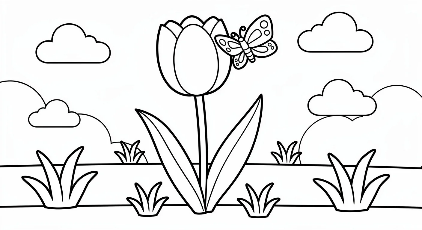 Tulip with butterfly Coloring Page
