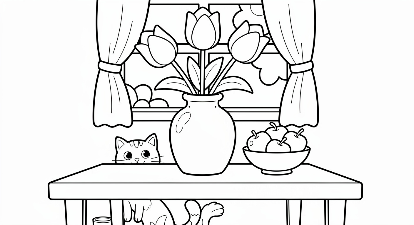 Tulips in vase coloring page, simple printable drawing for kids ages 2-5 to color
