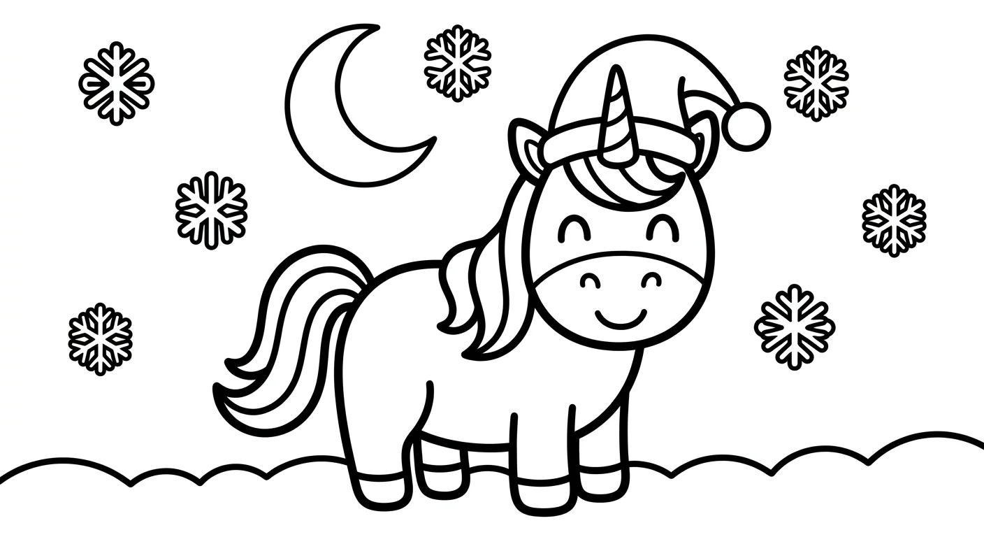Christmas Hat Unicorn Coloring Page for Kids Ages 2-5