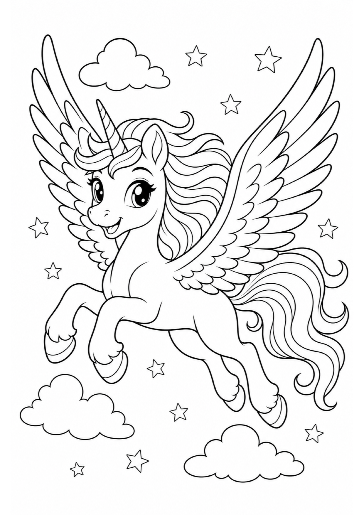 Dibujo de Unicornio Alado Volando para Colorear e Imprimir