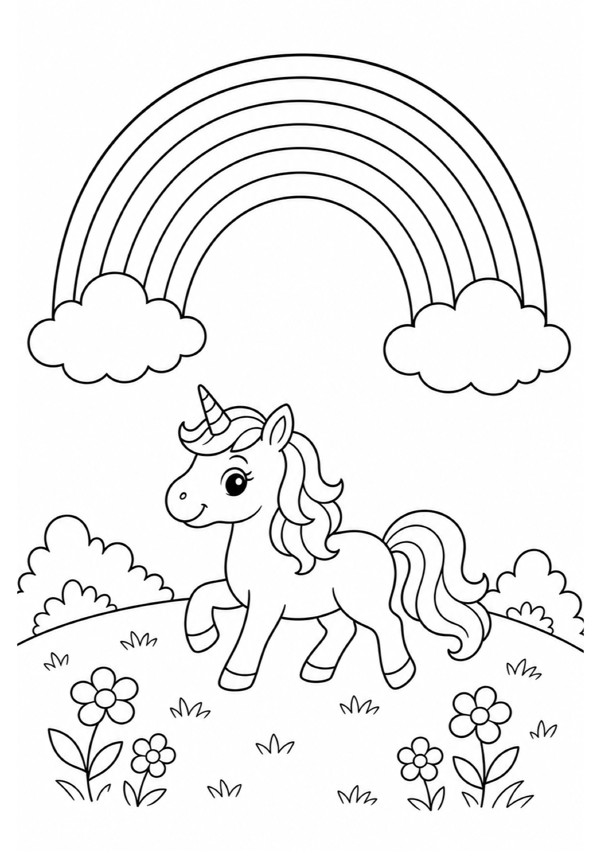 Dibujo de Unicornio con Arcoíris para Colorear e Imprimir