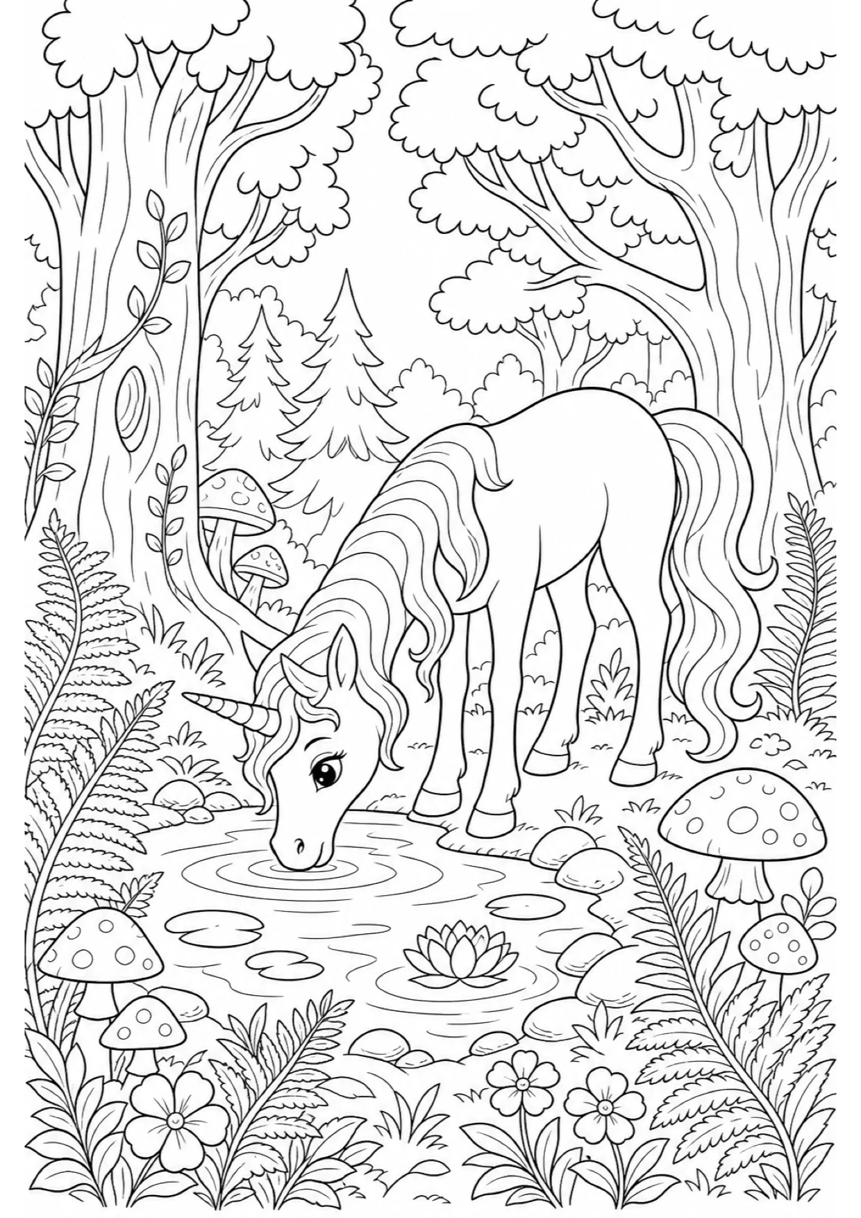 Dibujo de Unicornio en el Bosque Mágico para Colorear e Imprimir