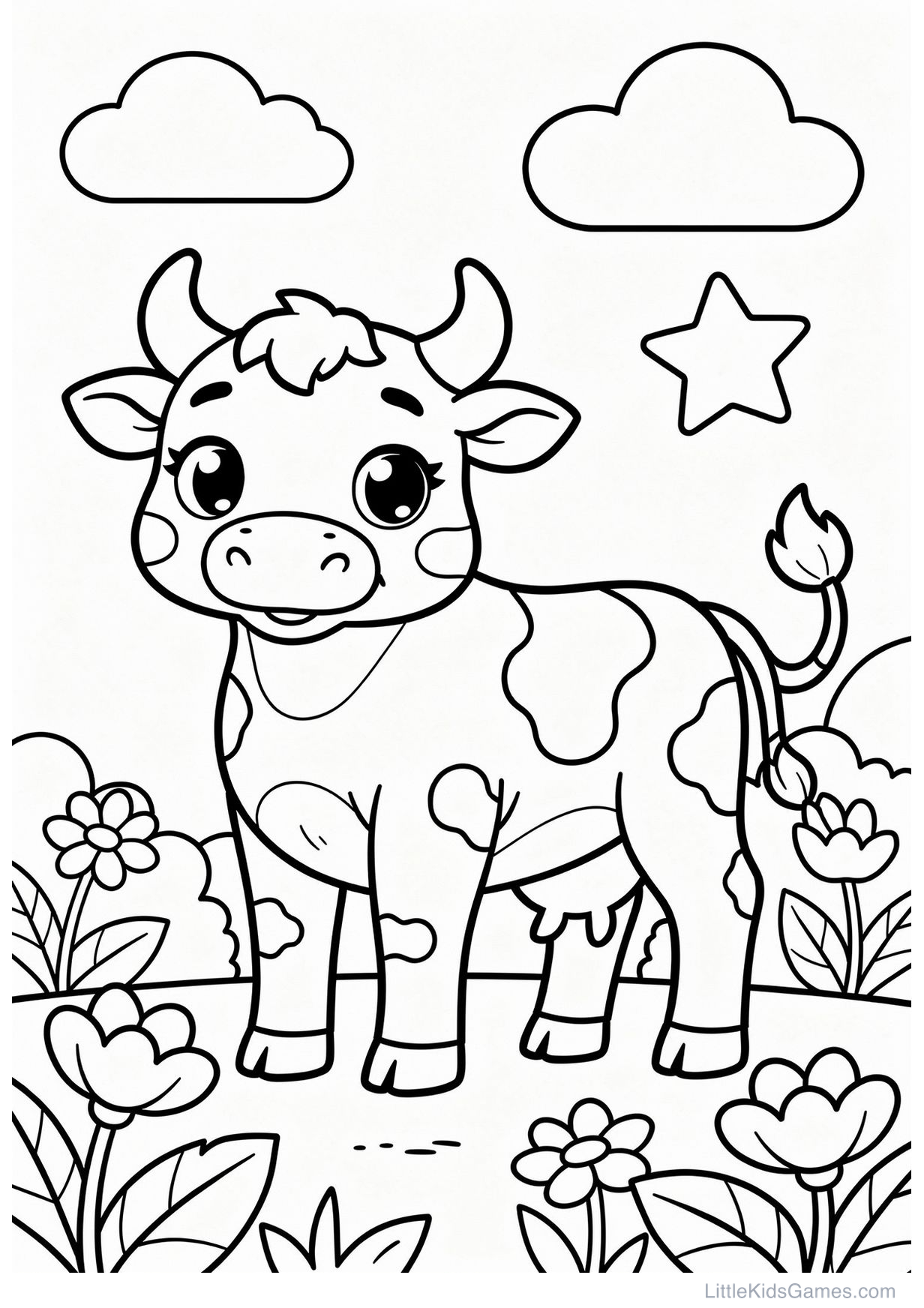Desenho de vaca caricatura kawaii para colorir, atividade imprimível grátis para crianças de 5 a 8 anos