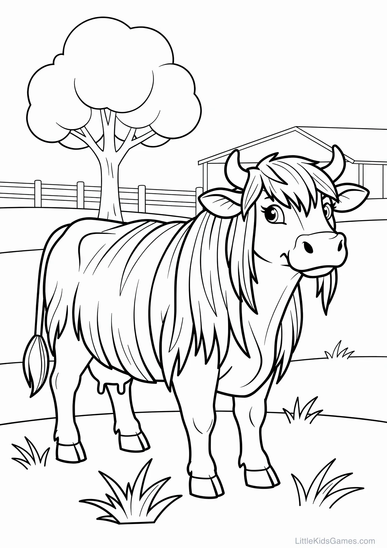 Long-Haired Cow Coloring Page for Ages 6+