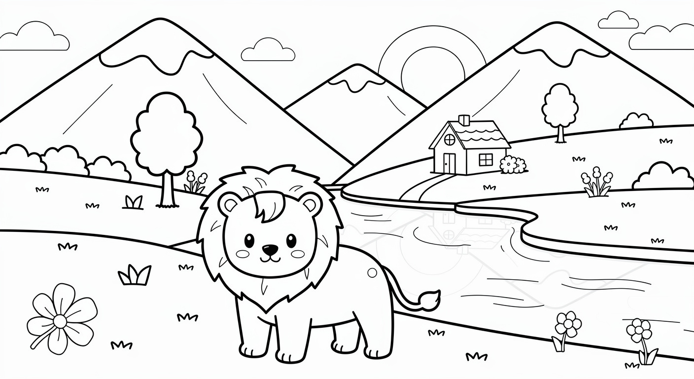 Valley coloring page for kids, free printable landscape drawing for toddlers and preschoolers
