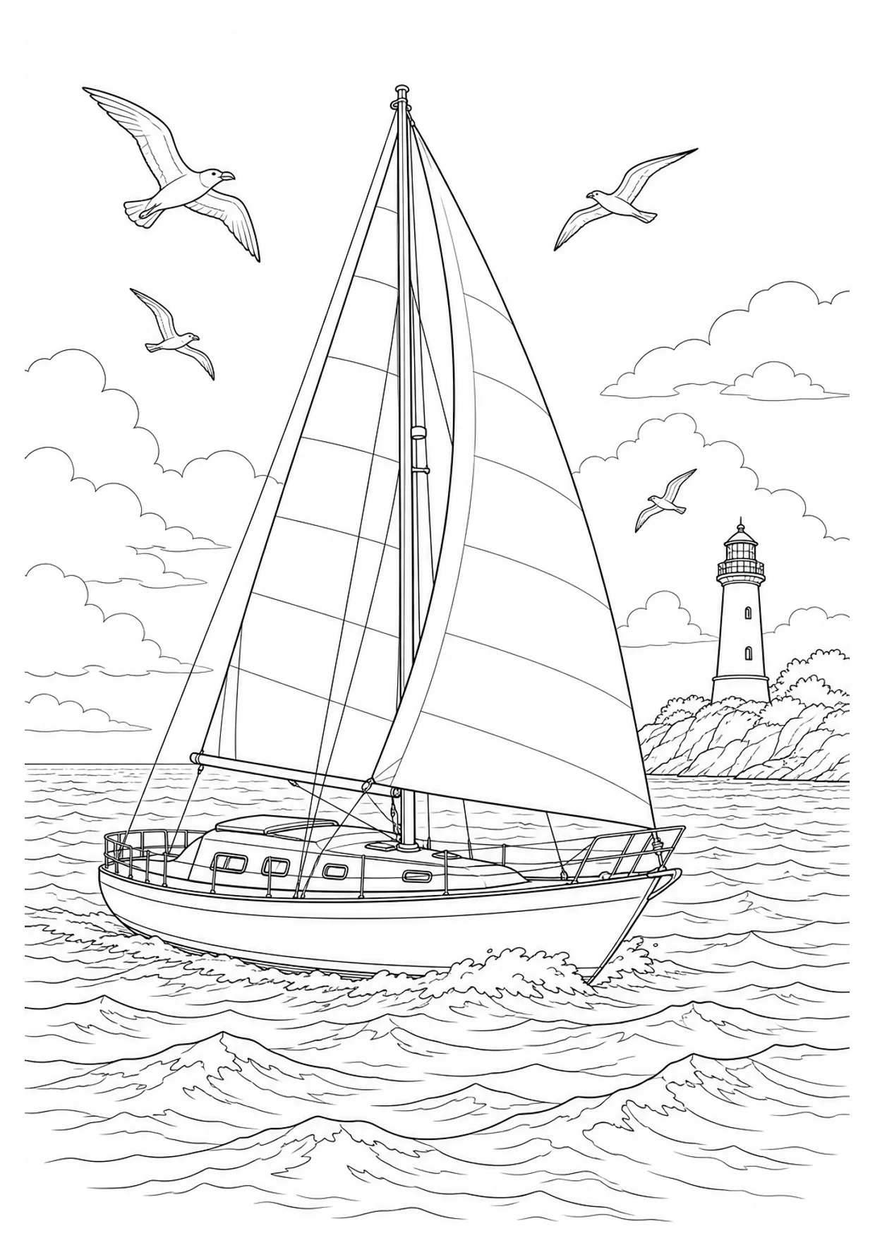 Sailboat at Sea Coloring Page to Print Free