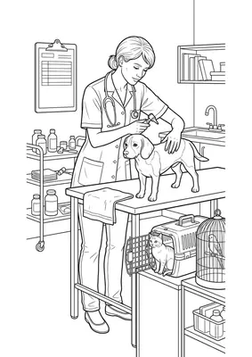 Veterinarian coloring page — printable profession flashcard
