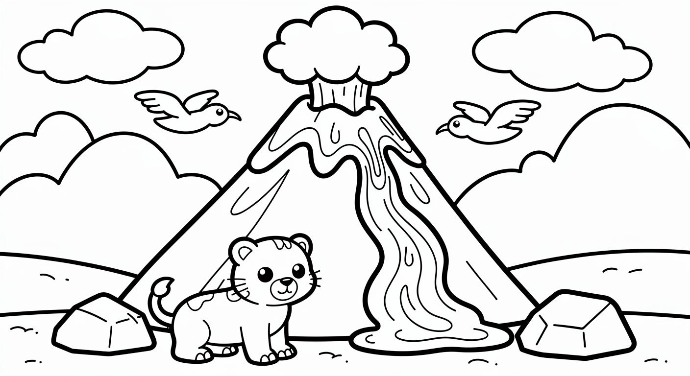 Volcano coloring page for kids, free printable drawing with simple design for toddlers