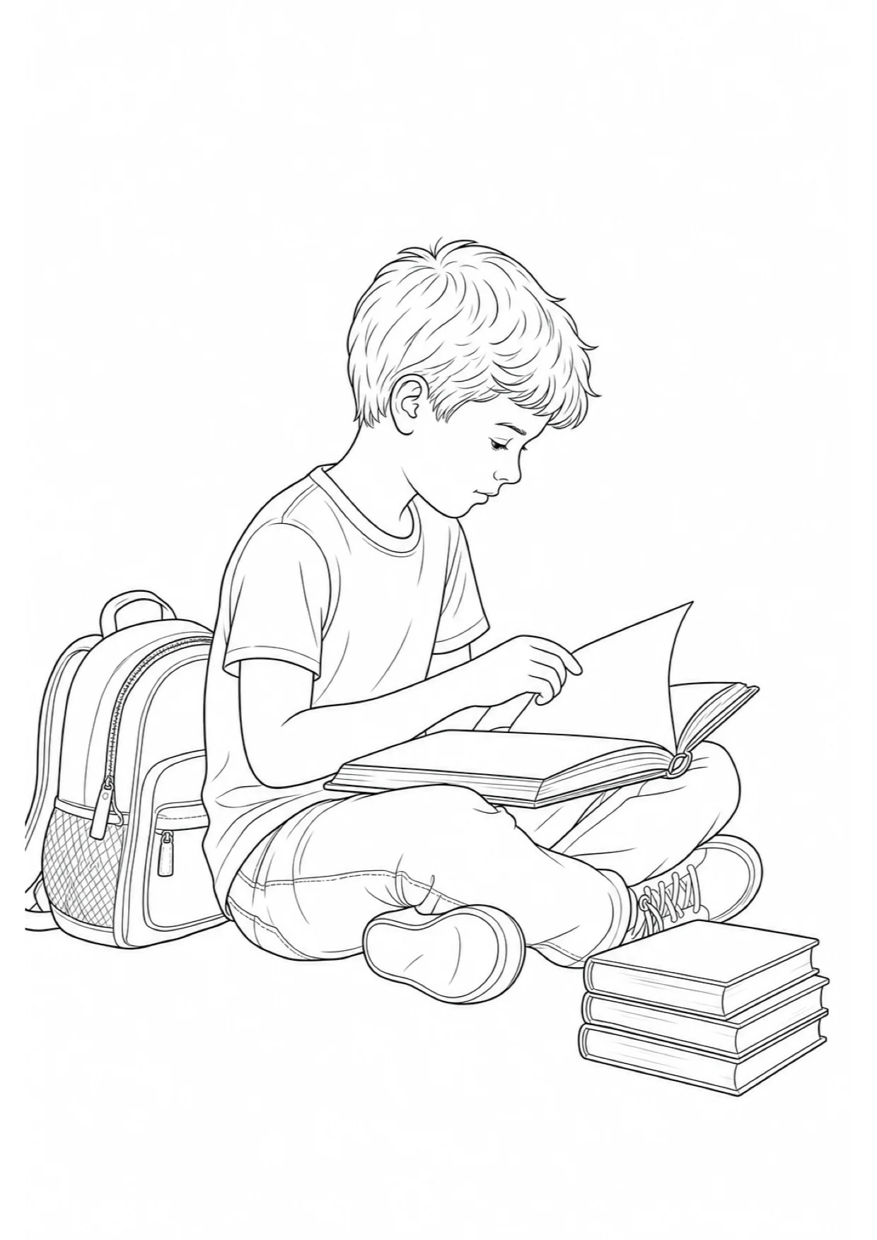 Child Reading a Book Coloring Page to Print Free